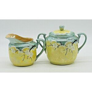 Lusterware Cherry Blossom Creamer Covered Sugar Japan Takito Yellow‎ Green